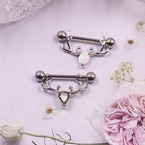 2PCS 14G 316L Stainless Steel Opal Nipple Rings Deer Head Nipple Barbell Nipple Piercings Jewelry for Women - color: silver