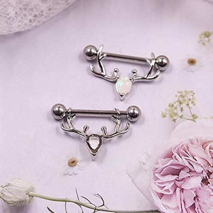 2PCS 14G 316L Stainless Steel Opal Nipple Rings Deer Head Nipple Barbell Nipple Piercings Jewelry for Women - color: silver