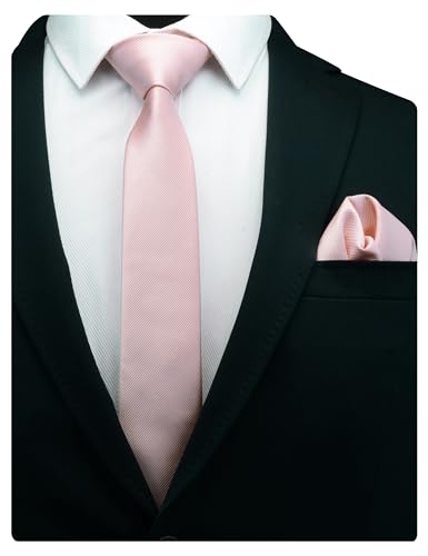 GUSLESON 2.4" Slim Necktie and Handkerchief Set For Men Solid Skinny Tie Set - color: Blush Pink
