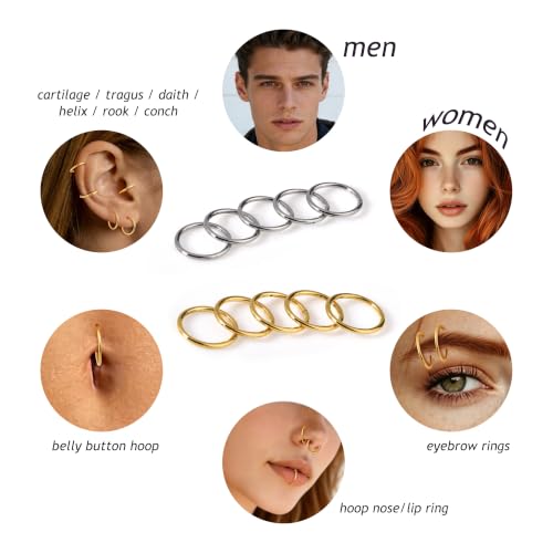 Lantine Nose Rings Hoops set for Women Set 316L Surgical Steel Septum Rings Rook Daith Tragus Piercing Jewelry Hinged Cartilage Hoop Earrings - color: 5Pcs Gold, size: 18G 8mm