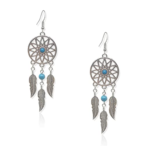 KaFu Woman Retro Silver BOHO Style Metal Dangle Drop Earrings Dream Catcher Statement Feather Dangle Tassels Turquoise Earrings for Women Girls - color: Silver-4