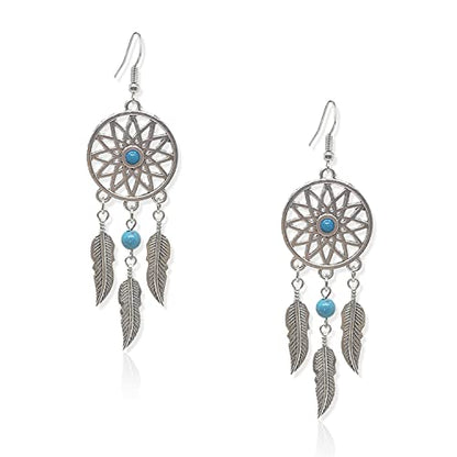 KaFu Woman Retro Silver BOHO Style Metal Dangle Drop Earrings Dream Catcher Statement Feather Dangle Tassels Turquoise Earrings for Women Girls - color: Silver-4