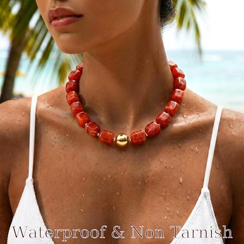 Chunky Colorful Beaded Choker Necklace for Women, Summer Beach Statement Resin Beads Necklace, Trendy Womens Summer Beach Jewelry Birthday Gifts for Vacation Holiday - color: Square Red Bead