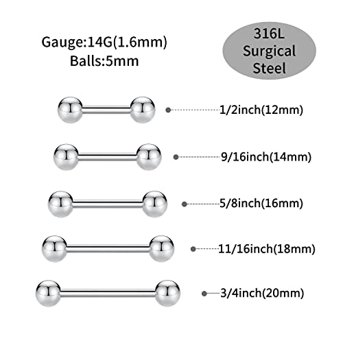 GAGABODY 5 Pairs Nipple & Tongue Rings - 14G Surgical Steel Screw Barbell - Straight, 12mm-20mm - color: Silver