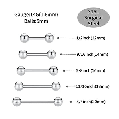 GAGABODY 5 Pairs Nipple & Tongue Rings - 14G Surgical Steel Screw Barbell - Straight, 12mm-20mm - color: Silver