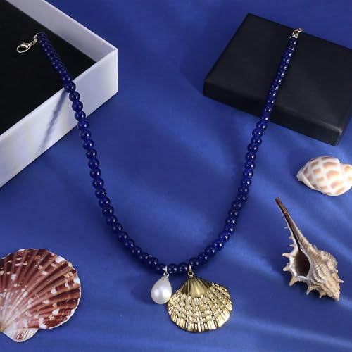 Fish Shell Necklace for Women, Beaded Necklaces Boho Statement Necklace, Pearl Necklaces Summer Beach Vacation Dress & Costume Jewelry - color: Royal Blue-shell