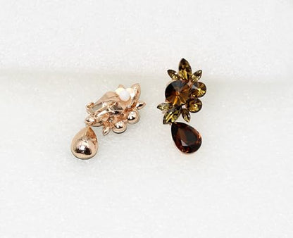 Faship Statement Dangling Floral Clip On Earrings For Women - color: Smoked Topaz Brown / Rose Gold Plated