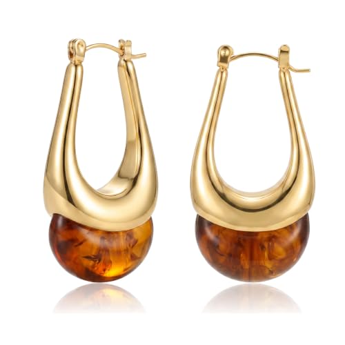 18K Gold Dangle Earrings for Women Vintage Acrylic Resin Earring | Trendy Chunky Hollow Hoop Earrings, Lightweight Drop Hoops Jewelry for Sensitive Ears, Stocking Stuffer Gift for Wife - color: Brown