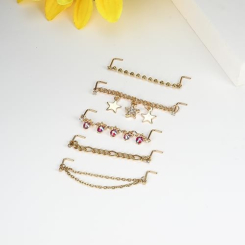 Stainless Steel Nose Rings Chain Horseshoe Nose Ring Body Piercing Jewelry | African Star Heart Studs Horseshoe Nose Cuff Septum Chain Body Piercing Jewelry Set for Women Men, Silver - color: 14K Gold Plated
