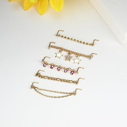 Stainless Steel Nose Rings Chain Horseshoe Nose Ring Body Piercing Jewelry | African Star Heart Studs Horseshoe Nose Cuff Septum Chain Body Piercing Jewelry Set for Women Men, Silver - color: 14K Gold Plated