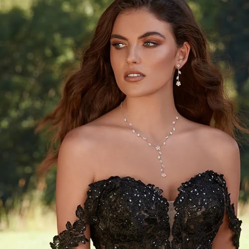 EleQueen Dainty Bridal Jewelry Set for Brides Bridesmaid, Cubic Zirconia Flower Necklace Earrings for Women
