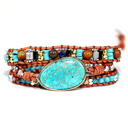 Handmade Boho Wrap Bracelets Natural Turquoise Crystal Stone Variety Beaded Strand Bracelet - color: Green Opal