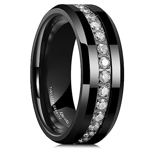 King Will 8mm Tungsten Carbide Rings for Men Cubic Zircon Stones Inlay - color: Black 8mm