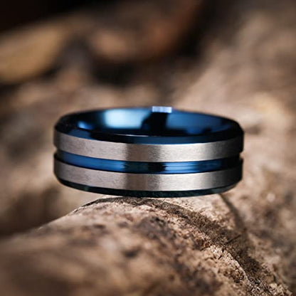 King Will Mens 8mm Cross Groove Tungsten Carbide Wedding Ring | Rose Gold, 8mm, Grooved, Comfort Fit, Cross design, Everyday Wear - color: B-Blue Sliver 8mm