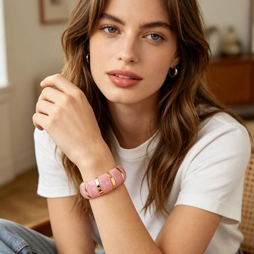 YBMYCM Acrylic Chunky Bangles Bracelets for Women Resin Gold-plated Stackable Stretch Bracelet Wide Wristbands Gift Jewelry - color: Pink