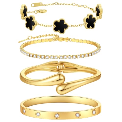 Mothers Day Gifts for Mom 18K Gold-Plated Bracelet Set – Floral Clover, Tennis, Chunky Adjustable Twist Cuff, Classic Gold-plated Bangle Stainless Steel, Non Tarnish, Stackable Bracelet Gift for Women - style: YR floral black