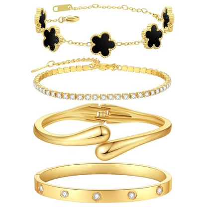 Mothers Day Gifts for Mom 18K Gold-Plated Bracelet Set – Floral Clover, Tennis, Chunky Adjustable Twist Cuff, Classic Gold-plated Bangle Stainless Steel, Non Tarnish, Stackable Bracelet Gift for Women - style: YR floral black