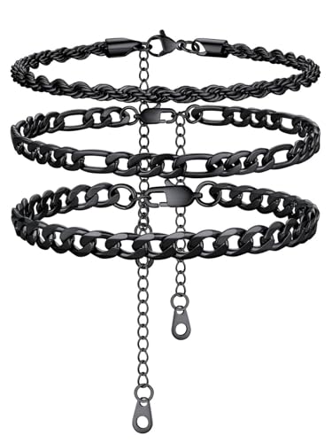 U7 2Pcs/3Pcs Ankle Bracelets for Women, Stainless Steel Cuban Link/Figaro/Rope/Heart Chain Anklets Sets,Waterproof Layered Anklets Adjustable 8.5"-10.5" - color: 03. 3Pcs Style A-Black