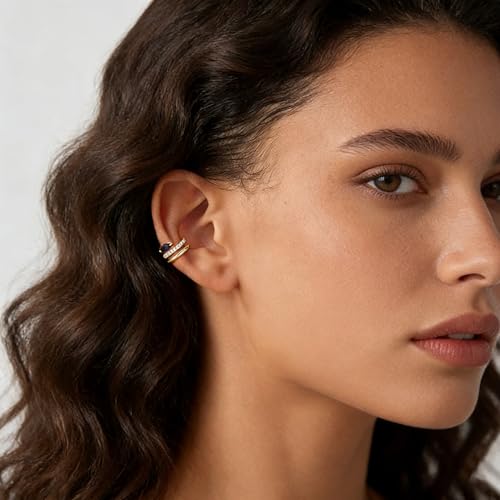 Bemoly Ear Cuff Earrings for Women 14K Gold Plated Cubic Zirconia Dangle Huggie Ear Cuffs Non Piercing | Clip On Cartilage - style: Blue Split Trio