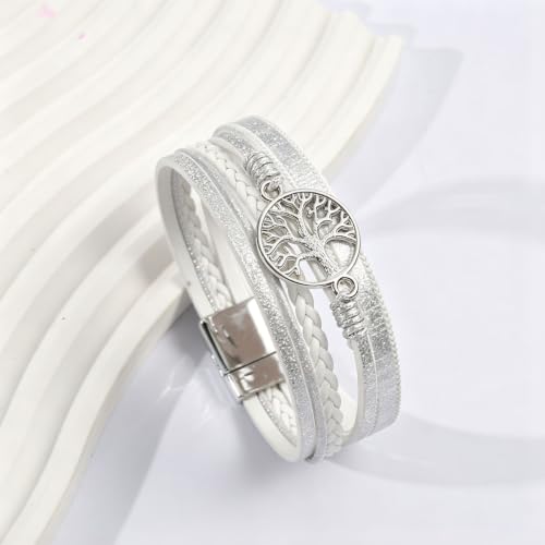 Tree of Life Multilayer Faux Leather Wrap Bracelet, Boho Braided Cuff Wristband with Metal Buckle, Spiritual Layered Bangle Jewelry Gift for Women Girls (White)