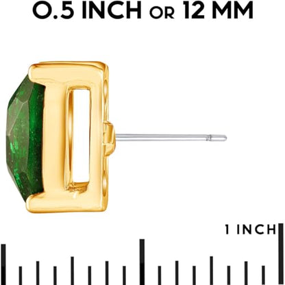 Large Square Stud Earrings for Women - Big Sparkly Rhinestone Studs | Plated in Gold Tone or Silver Tone, Hypoallergenic and Safe for Sensitive Ears - color: Green Glitter