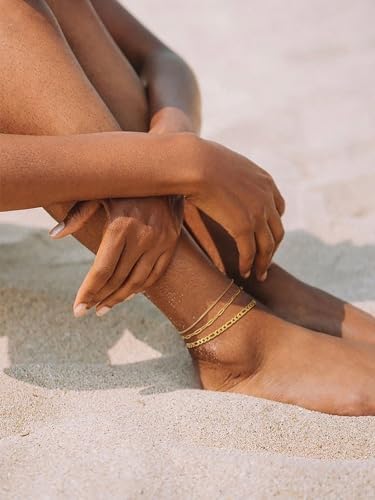 FOCALOOK Anklet Bracelets Set for Women, 14K Gold Plated Layered Anklet Set | Adjustable for Large Ankle, Cuban/Snake/Figaro/Paperclip Chain, Waterproof & Non Tarnish for Everyday Wear, Beach & Summer - color: C:3Pcs-Cuban/Paperclip/Figaro-Gold
