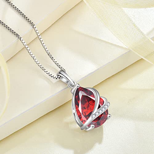 Birthstone Pendant Necklace 925 Sterling Silver Teardrop Jewelry for Women - color: Deep Red