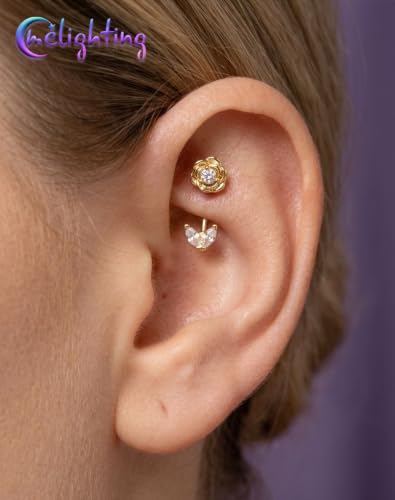 Melighting 16G Flower Rook Piercing Jewelry Marquise Stainless Steel 316L | Delicate Floral Leaf Design, 5A Grade Cubic Zircon, Dainty Eyebrow Piercing - color: Gold, size: 16g8mm