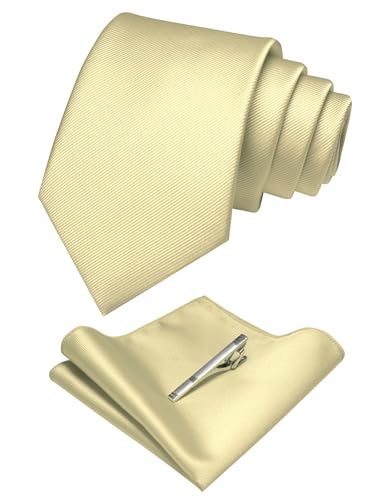 JEMYGINS Solid Color Formal Necktie and Pocket Square Tie Clip Sets for Men - color: Light Yellow