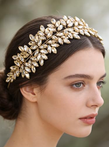Missgrace Women Silver Green Black Red Blue Handmade Full Crystal Rhinestone Large Headband Hair Vine Shinny Headpiece Bridal Wedding Hair Accessories for Women (Champagne) - color: Champagne