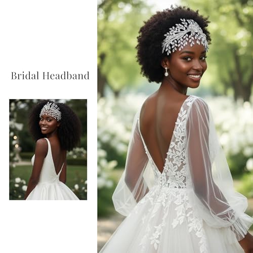 Bridal Headband,Rhinestone Crystal Floral Wedding Headpiece Flower Leaf Hair Accessories for Bride Wedding (Silver) - color: Silver