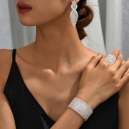 Rhinestone Bridal Jewelry Set for Women Earrings Bracelet Ring | Sparkling Rhinestone, Stretch Bracelet Ring, Dangle Tassel Earrings Set, Costume Jewelry, Rhinestone Jewelry Set for Women - style: Set 01