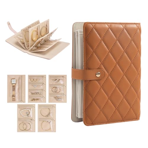 Travel Jewelry Organizer Case,Portable Checkered Jewelry Storage Bag,Velvet Lined Zipper Pouch for Earrings,Necklaces Rings (Light Brown) - color: Light Brown