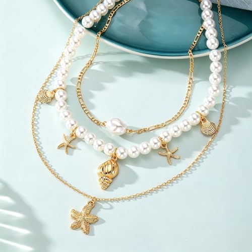 Gold Layered Necklaces for Women Chunky Stacked Necklaces for Women Trendy Retro Coin Pendant Necklace Womens Multilayer Chain Necklaces Fashion Jewelry Gifts - style: 3PCS Shell Necklace