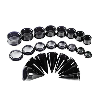 36PCS Ear Gauge Stretching Kit Stainless Steel Double Flare Alloy Tapers 3 In 1 Plugs Set Eyelet 14G-00G - color: Acrylic-(11-20mm)-Black