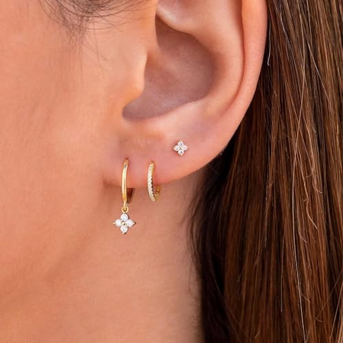 3 Pairs Earring Stacks, Gold Earring Set Jewelry Gift for Women | Small, 14K Gold/White Gold/Black/Rose Gold Plated, Hypoallergenic, Her, Everday, Stackable, Simple, 3 Holes - color: Gold-Four Leaf