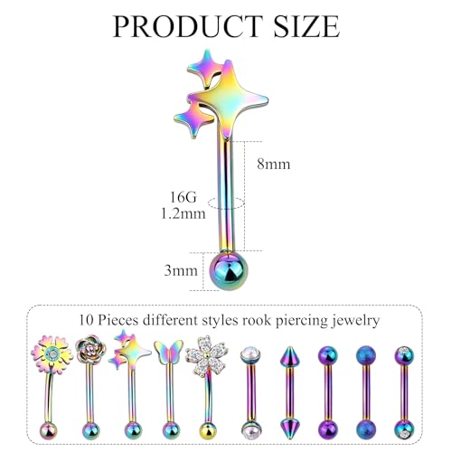 Xpircn Rook Daith Eyebrow Piercing Jewelry 16G Stainless Surgical Steel Curved Barbell Eyebrow Rings Vertical Labret Lip Piercing Jewelry Rook Daith Earrings for Women Men - color: Rainbow