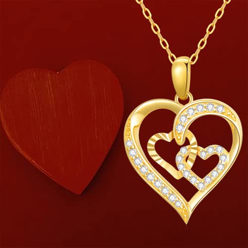 SISGEM 14K Real Gold Heart Necklace for Women,Yellow Gold Love Pendant Necklace Triple Hearts Jewerly Gifts for Birthday Anniversary 16+1+1 inch - color: Triple Hearts-1