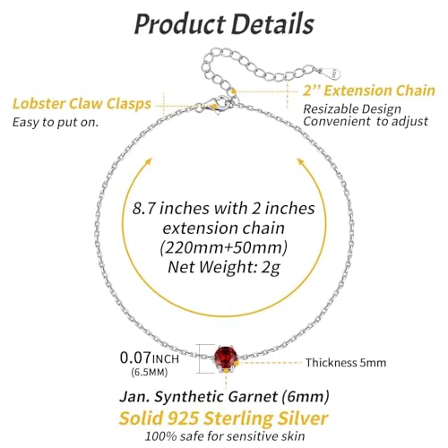 ChicSilver 925 Sterling Silver Anklets for Women, Simple Dainty Round/Heart Birthstone Ankle Bracelet Beach Foot Jewelry, 8.7-10.7 Inch Adjustable - color: 01. Round - January(Garnet)