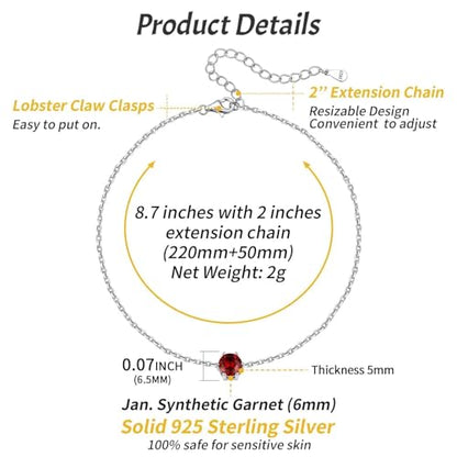 ChicSilver 925 Sterling Silver Anklets for Women, Simple Dainty Round/Heart Birthstone Ankle Bracelet Beach Foot Jewelry, 8.7-10.7 Inch Adjustable - color: 01. Round - January(Garnet)