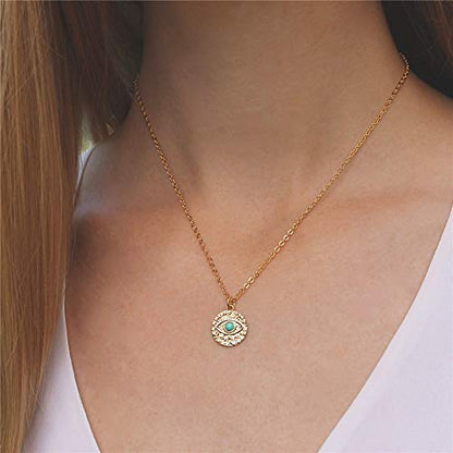Turandoss Dainty Layered Choker Necklace, Handmade Y Pendant Necklace Multilayer Bar Disc Necklace Adjustable Layering Choker Necklaces for Women - style: 3PCS - Snake Chain&Link Chain&Evil Eye