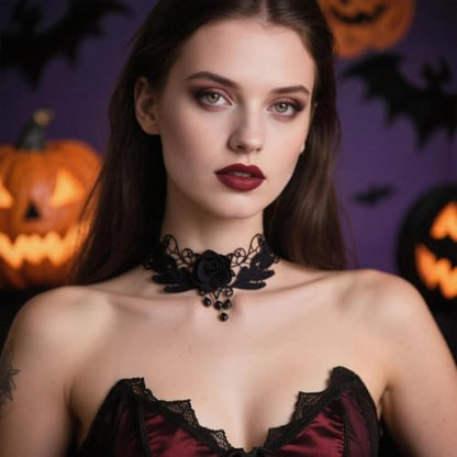 Goth Black Choker Necklace Crystal Bead Pendant Necklace for Women Gothic Velvet Lace Choker Halloween Vampire Witch Cosplay - color: D-Black