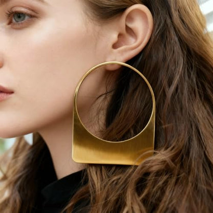 Large Earrings for Women Statement, Chunky Hoop 14k Gold Plated Big Geometric Hollow Brushed Metal Drop Dangle Studs Stainless Steel Jewelry for Womens Gift Christmas - color: Gold