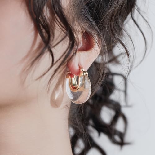 Chunky Gold Resin Hoop Earrings Leverback Statement Huggie Hoops Dangle Drop Dressy Earring Prom Festival Vacation Jewelry for Women - color: Clear, size: Drop