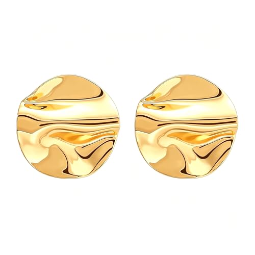Gold Statement Earrings For Women, 14K Gold Plated Textured Geometric Drop Earrings - Hypoallergenic Stainless Steel Statement Earrings for Women, Waterproof Fan-Shaped Dangle Earrings for Beach & Daily Wear - color: Disc DKE25215GL