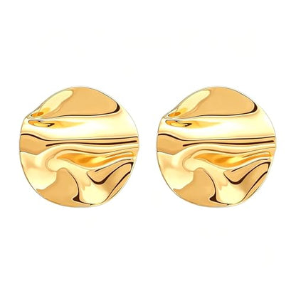 Gold Statement Earrings For Women, 14K Gold Plated Textured Geometric Drop Earrings - Hypoallergenic Stainless Steel Statement Earrings for Women, Waterproof Fan-Shaped Dangle Earrings for Beach & Daily Wear - color: Disc DKE25215GL