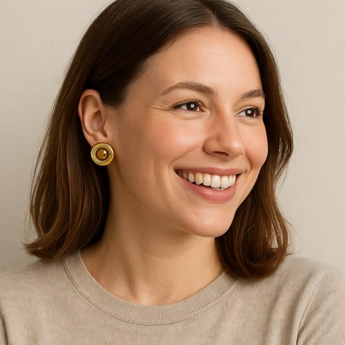 Brown Earrings Circle Chunky Earrings for Women Trendy 18K Gold Plated Stud Hoop Stainless Steel Hypoallergenic - color: Round Disc Stud