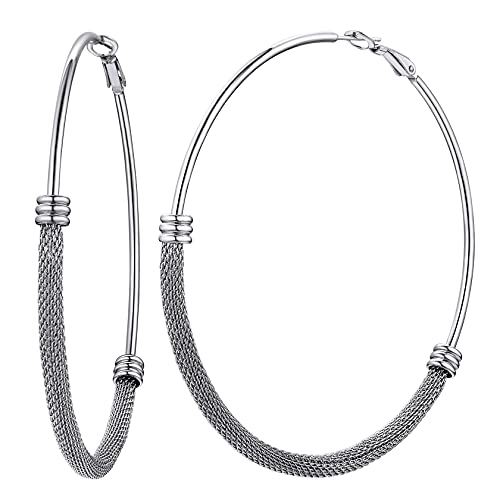 ChainsHouse 30/40/60/80mm Hoop Earrings for Women,Chunky Earrings in 18K Gold Plated/Silver/Black,Minimalist Jewelry Round Tube Hoops Fits Sensitive Ears|Hypoallergenic&Waterproof,with Gift Box - color: B:steel-mesh tube, size: 80MM