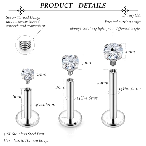 14G Lip Rings Stainless Steel Tragus Helix Conch Piercing Jewelry Snake Bite Piercing Monroe Lip Rings Labret Medusa Cartilage Lobe Earrings Piercing Jewelry Cubic Zirconia 2MM 3MM 4MM - color: 6MM 8MM 10MM-Silver,2mm/3mm/4mm