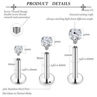 14G Lip Rings Stainless Steel Tragus Helix Conch Piercing Jewelry Snake Bite Piercing Monroe Lip Rings Labret Medusa Cartilage Lobe Earrings Piercing Jewelry Cubic Zirconia 2MM 3MM 4MM - color: 6MM 8MM 10MM-Silver,2mm/3mm/4mm